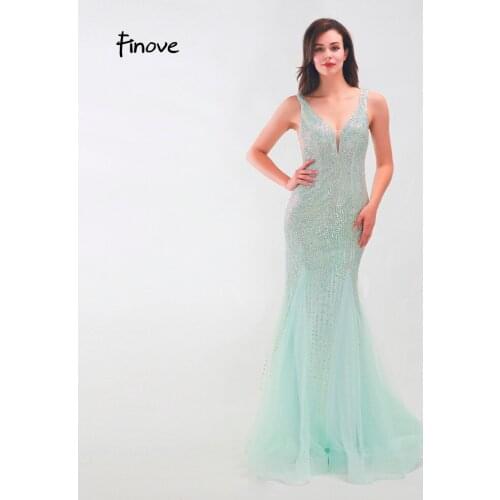 Finove 2020 New Long Evening Dress Shiny Crystals Sexy V Neck Floor Length Mermaid Dress Elegant Women Dress vestido de fiesta