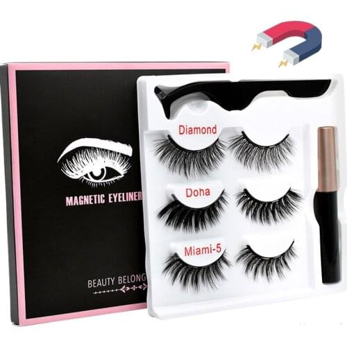 3 Pairs Magnetic False Eyelashes Liquid Eyeliner Set No Glue Waterproof Thick Natural 5 Magnets Eyelashes & Tweezers Wholesale