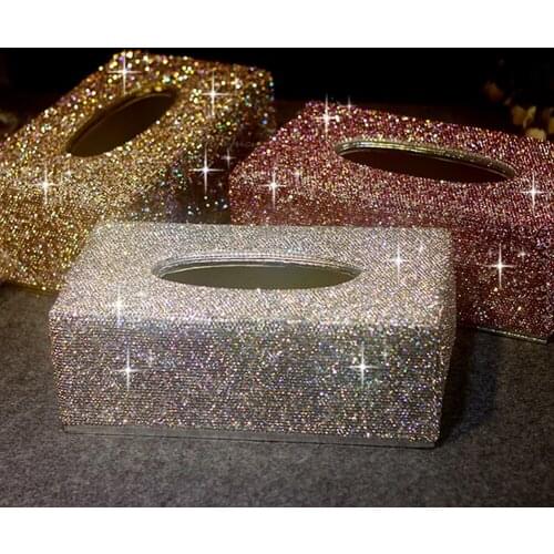 1pc Car Napkin Box Seating-type Stylish Set Rhinestone Delicate Full Cystal Design Tissue Box