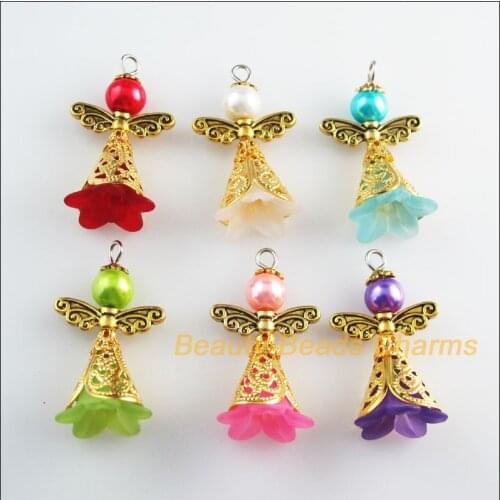 New 12Pcs Mixed Acrylic Angel Wings Antqiued Gold Color Charms Pendants 22x37mm
