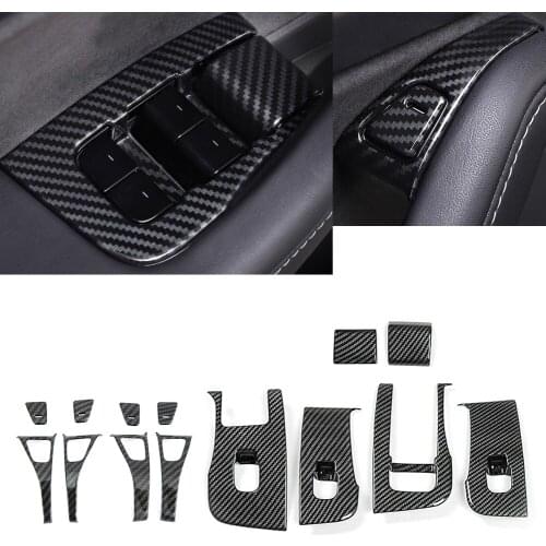 14Pcs Carbon Fiber ABS Car Accessories Door Lock Window Control Switch Cover Trim For Tesla Model 3 2017 2018 2019 2020