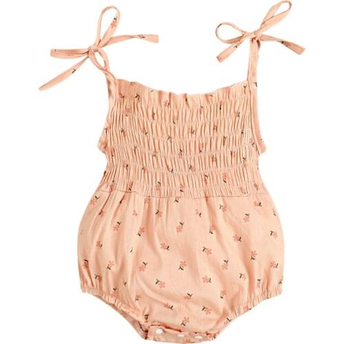 2021 0-18M Cute Infant Baby Girl Playsuit Summer New Floral Print Sleeveless Bandage Pleated Cotton Romper Jumpsuit