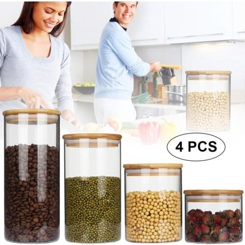 4pc Airtight Glass Food Storage Jars Canister Kitchen Container Set with Bamboo Lid and Silicone Washer Glass Preservation Jar