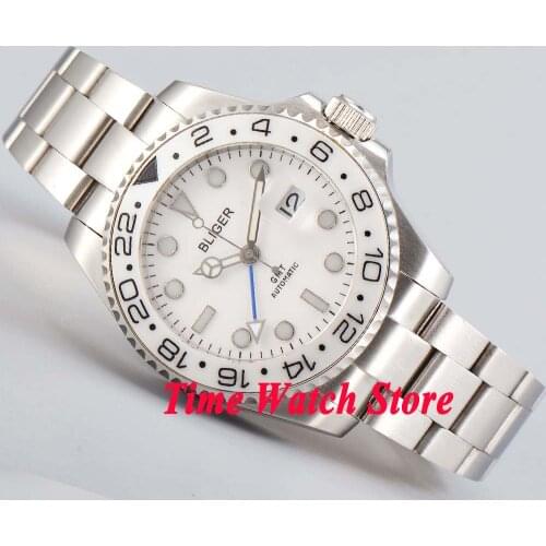 Bliger 40mm white dial date magnifier saphire glass GMT Automatic movement mens watch men 199