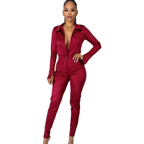 Elegant Solid Color Casual Two Piece Set Satin Sexy Ladies V Neck Long Sleeves Shirt Bodysuit +High Waist Pants Clubwear Outfits