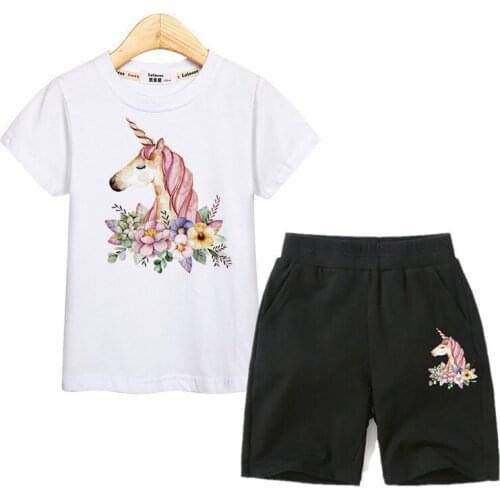 Girl Cotton Outfit Suit Flower Unicorn Print Costume Kids Short Sleeve Tops Tees Shorts 2pc Set Girl Clothing