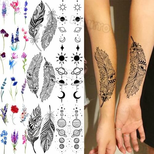 Henna Feather Tribal Small Temporary Tattoos For Women Girls Lavender Outer Space Planet Fake Tattoo Sticker Arm Neck Tatoos