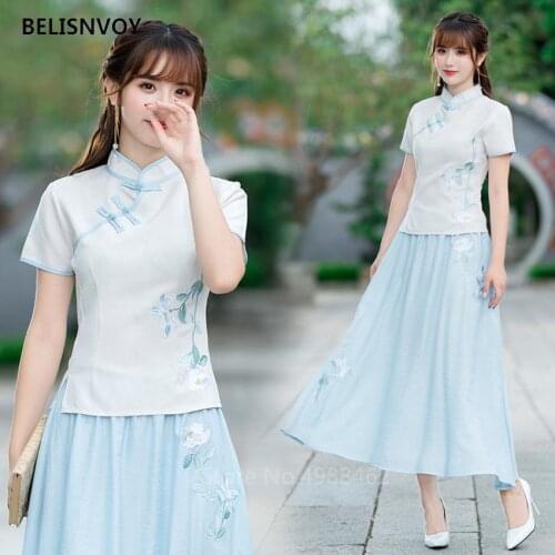 Chinese Dress Set for Women Girl Cheongsams Shirt Skirt Blue Green Traditional Embroidery Fit Cotton Linen Festival Clothes