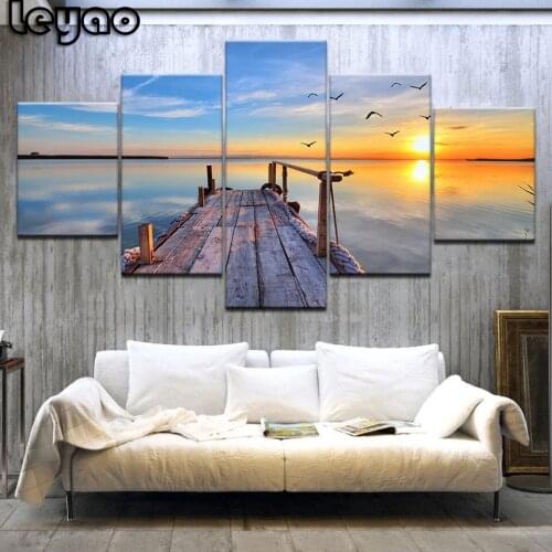 Square/Round Diamond Painting Cross Stitch Kits 5 Piece Seagull Sea Bridge View Multi-Picture 5D Diamond Embroidery Full Display