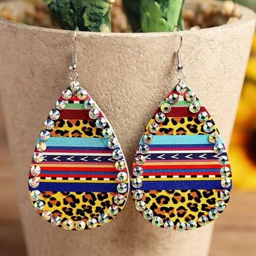 2020 new Vintage row AB color crysta Leopard grain colorful stripe leather drop earrings for women