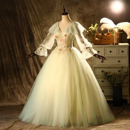 Luxury lantern sleeve vintage embroidery beading court ball gown royal Medieval Renaissance Victorian dress Belle ball