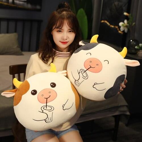 Cute Cow Cattle Plush Toy Kawaii Bubble Tea Plushies Soft Pillow with Blanket Stuffed Hand Warmer Cushion Gift for Girlfriend