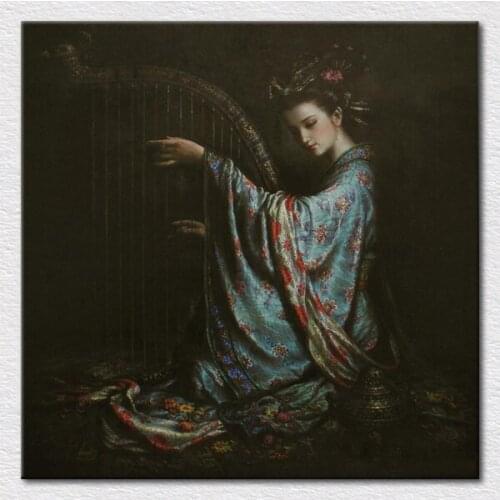 Modern art painting of classical chinese beautiful girl with harp, printed on canvas with high quality free shipping