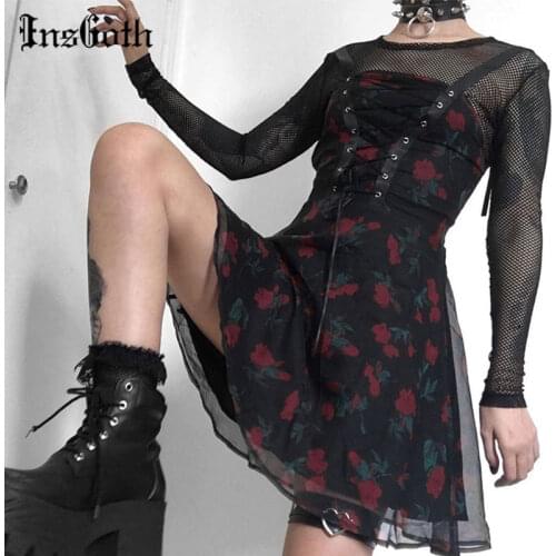 InsGoth Vintage Lace Up Black Floral Print Dress Goth Aesthetic Sleeveless High Waist Mini Dress Harajuku Punk Women Partywear