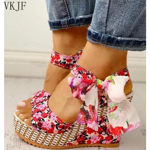 Women Summer Wedge Sandals Female Open Toe Floral Bowknot Platform Bohemia High Heel Sandal Fashion Ankle Strap Ladies Shoes
