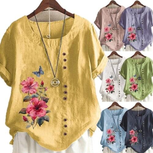 Summer Womens Fashion Print Short Sleeve Round Neck T-shirt Ladies Casual Linen Shirt Plus Size Top S-5XL