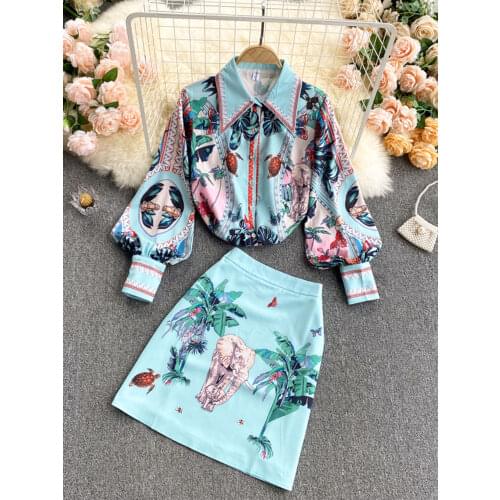 2021 Womens Spring New European Station Turn Down Colonial Puff Sleeve Shirt + Empire Mini Dress Retro Print Tops D0120