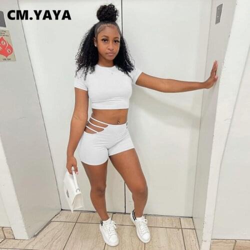 CM.YAYA Women Set Solid Short Sleeve Crop Tops Hole Strechy Shorts Two 2 Piece Sets Active Tracksuit Sweatsuit Summer Outfits