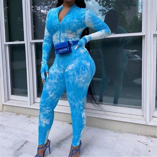 Sexy Tie Dye Printed Skinny Jumpsuit Female Ribbed Bodysuit Zipper V-neck Long Sleeve Casual Ribbed Rompers for Women Clubwear