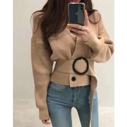 Comelsexy New 2020 Autumn Winter Cardigans Womens Sweaters with Belt Fashionable Double Breasted V-Neck Knitwear Short Sweaters