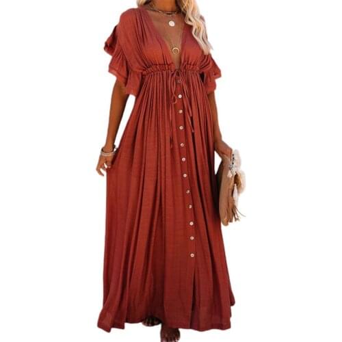 Summer dress for women 2021 Ruffle Short Sleeve Deep V Neck Drawstring Long Bikini Cover Up Sunscreen Dress Beachwear for Beach