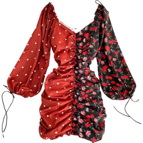 Womens Spring Autumn New Print Dress Ins Fashion Color Matching Polka Dot Floral Print Dress Lantern Sleeve Lacing Dress ML726