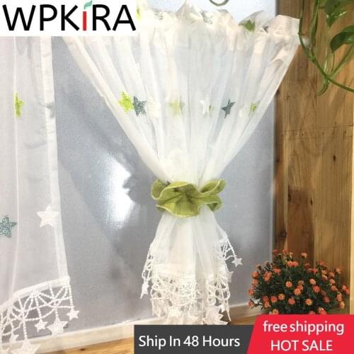 1PCS Rod Pocket Sheer Voile Short Curtain Valances for Kitchen Cabinet Green Star Tassel Bottom Coffee Half Curtain M065H