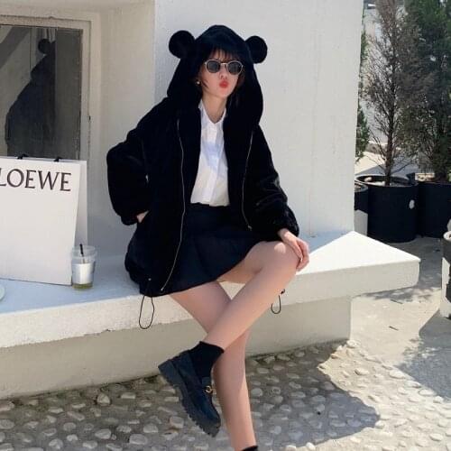 2021 Autumn Winter Plus Size Women Hooded Waist Drawstring Faux Rabbit Fur Loose Plus Soft Plush Outerwear Korean Kobieta Kurtka
