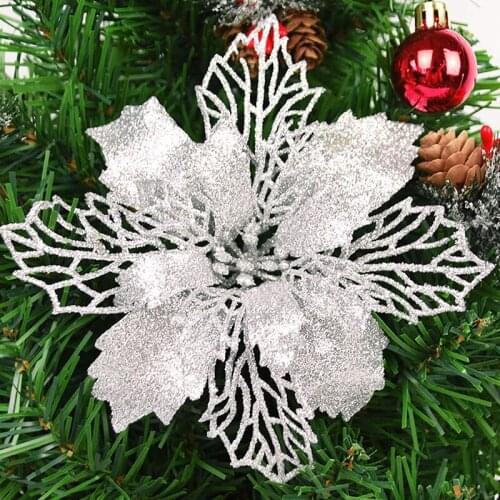 5pcs 9/11/16cm Artificial Christmas Flowers Glitter Flower DIY Christmas Tree Ornament Fake Flower Merry Christmas Party Decor