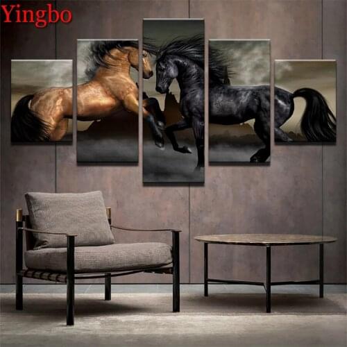 5D Complete Square Round Diamond Painting 5 Panel Animal Horses Diamond Embroidery Full Mosaic Picture Of Rhinestones Painting