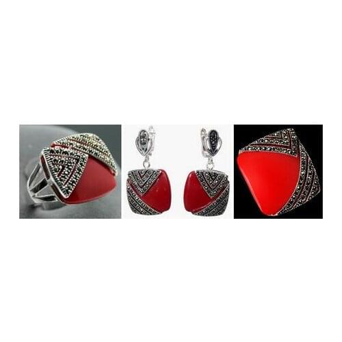 Noble Red Jade Carved Lacquer Marcasite 925 Sterling Silver Square Ring(#6-9) Earrings & Pandent jewelry set