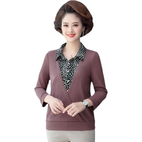 Fake Two Pieces T-shirt Women Shirt collar Tops Spring Autumn Pullover Fashion Plus Size 5XL Middle Aged Mother Tshirt Femme