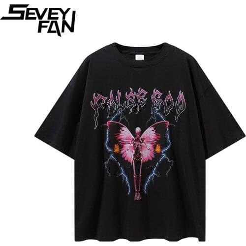 SEVEYFAN Skull Butterfly Printed T-shirt Mens Hip Hop Tees Short Sleeve Cotton Tees for Couples