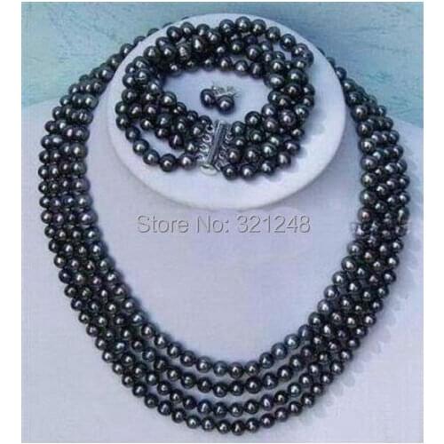 Hot 2014 new fashion style free shipping Noblest 4rows 6-7mm black pearl necklace bracelet earring sets BV172