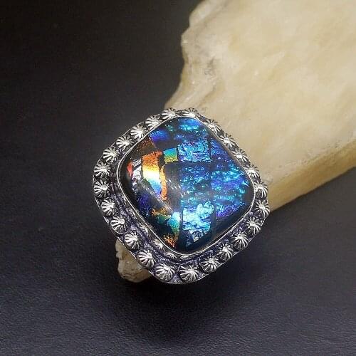 Hermosa Jewelry Vintage Unique Dichroic Glass New Arrival Silver Color Wedding Charms Band Ring For Women Men Size 9.5 FQ161