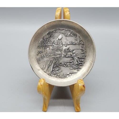 Collect Chinese Tibet Silver SculptureGoodLuck Goddess Of Mercy Metal Crafts Home Decorationng Dish Decoration