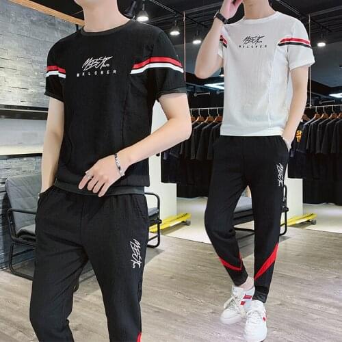 Mens sports ice silk casual suit summer new tide ins crew neck short sleeve T-shirt trend five point Pants Set