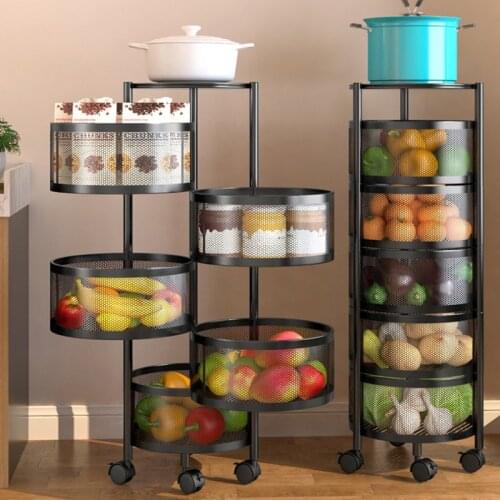 Kitchen Rotating Storage Basket Metal Floor Rack Multi-layer Multi-functional Fruit Vegetable Storage Trolley Kichen Organizer