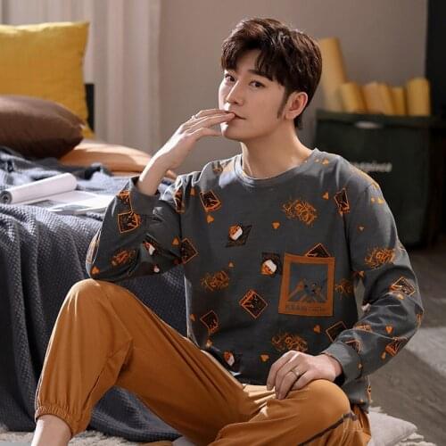 2020 Autumn Cotton Long Sleeve Pajama Set for Men Korean Cute Cartoon Sleepwear Suit Pyjama Male Nightwear Homewear Home Clothes