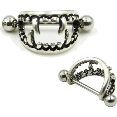 Pair of 14G Stainless Steel Barbell Love Bite Fangs Vampire Nipple Shield Rings Jewelry Piercing
