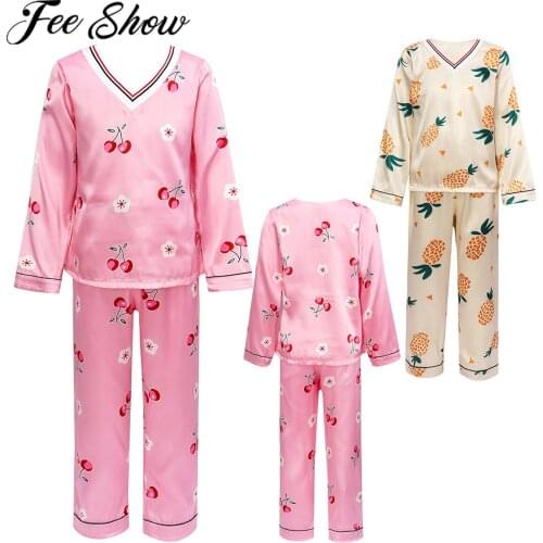Kids Sleepwear Suit Autumn Winter Long Sleeve Silky Faux Satin Pajamas Girls Cute Fruit Print Tops Pants Set Children Nightgown