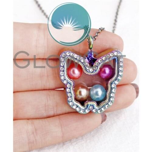 Rainbow Butterfly Glass Floating Locket Necklace Rhinestone Magnetic Charms Living Memory Locket Pendant Necklace