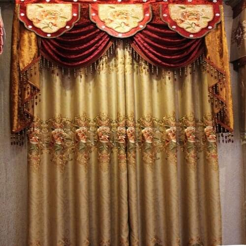 Household brown flower European style luxury flocking embossed embroidery floor room Curtain for living room /bedroom curtains