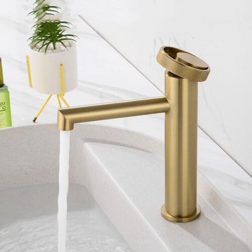 Luxury 100% Brass Brushed gold bathroom sink faucet top quality Art design Cold hot basin mixer faucet Round handle dual control