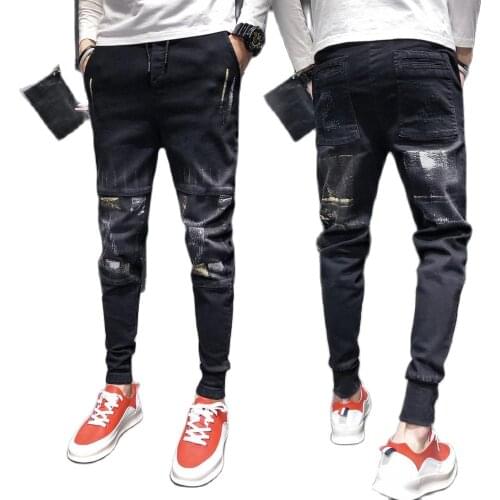 Spring and summer 2020 Fashion Casual elastic waist new jeans mens frayed slim feet black old Korean wild casual long pants