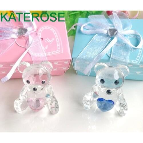 Choice Crystal Collection Teddy Bear Figurines with Blue and Pink Heart For Boy/Girl Baby Shower Favors