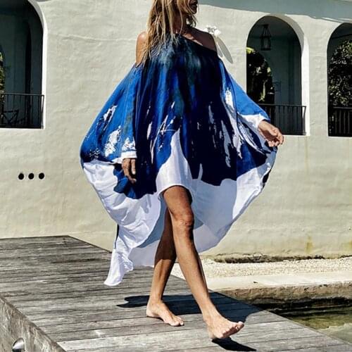 Beach Dress Batwing Sleeve Sexy Slash Off Shoulder Large Hem Floral Print Women Party Dress for Holiday