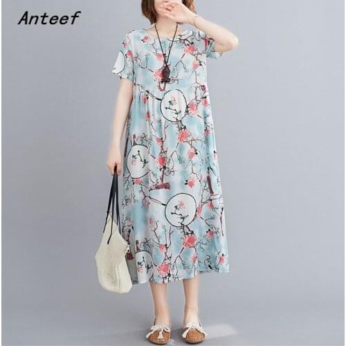 Short sleeve cotton linen plus size vintage floral dresses for women casual loose long woman summer dress elegant clothes 2021
