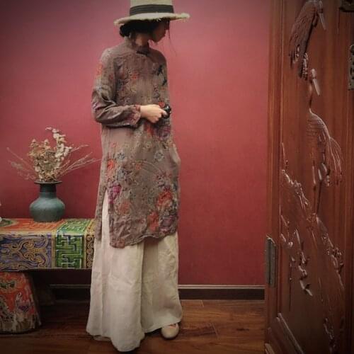 Johnature Vintage Dress Loose Print Full Sleeve Women Clothes 2021 New Spring Leisure Stand Collar All-match Retro Women Dresses