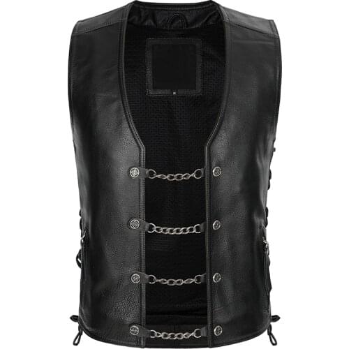 Mens Cow Real Leather Motorcycle Biker Vest Rock Chain Collarless Vests Waistcoat Black Side Laced up Genuine Leather Vest